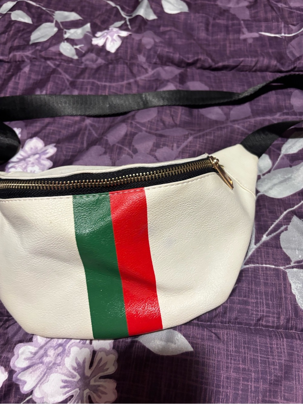White Leather Crossbody Belt Bag with Red and Green Stripe